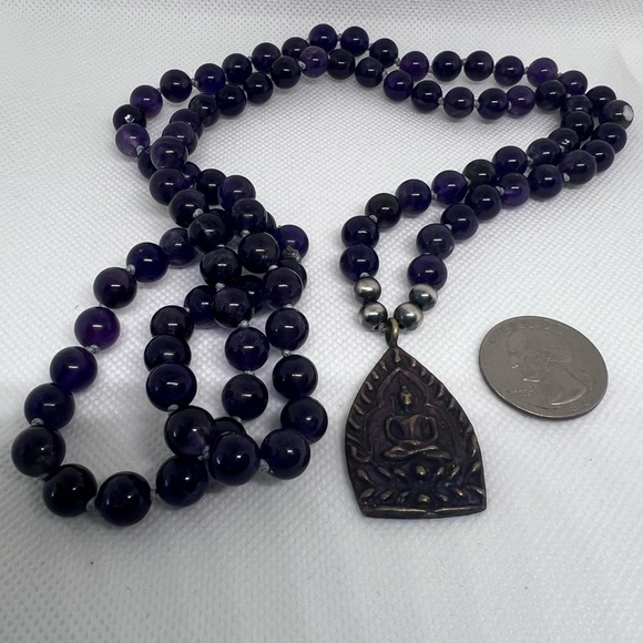 Handmade Amethyst and Navajo Pearl Mala Necklace - Picture 6 of 7